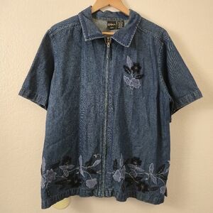 Denim Zip-Up Short Sleeve Collared Shirt with Velvet Floral Accents